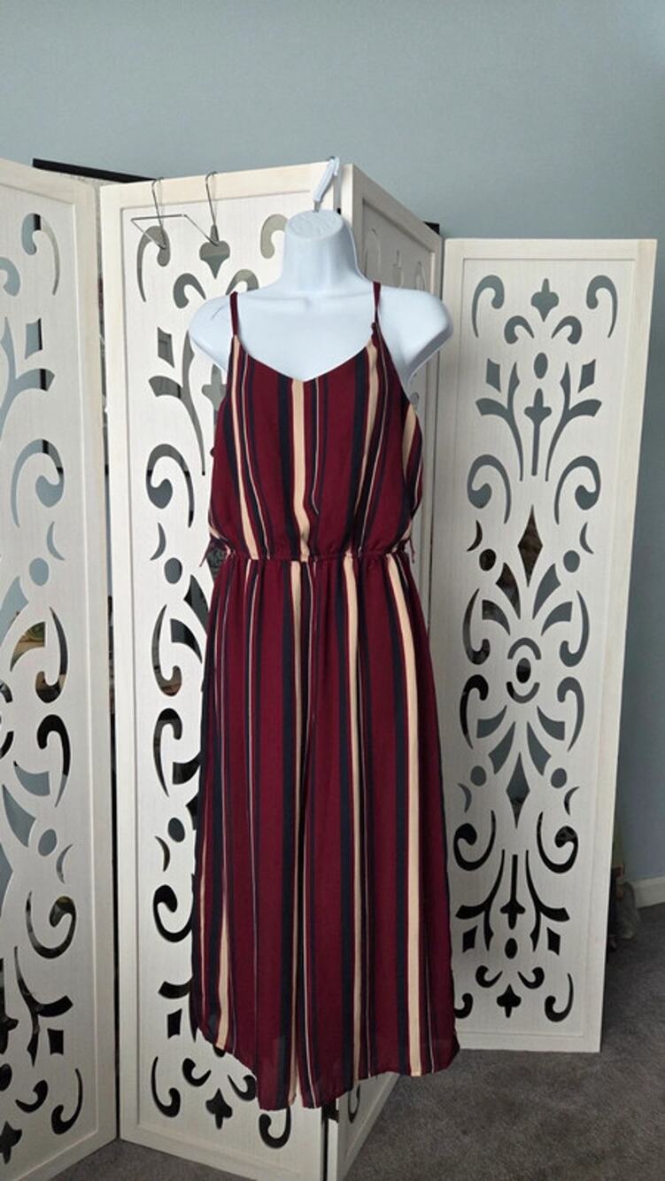 AUW Wide Leg Jumpsuit Medium Burgundy Stripe Chiffon Camisole Palazzo Romper M
